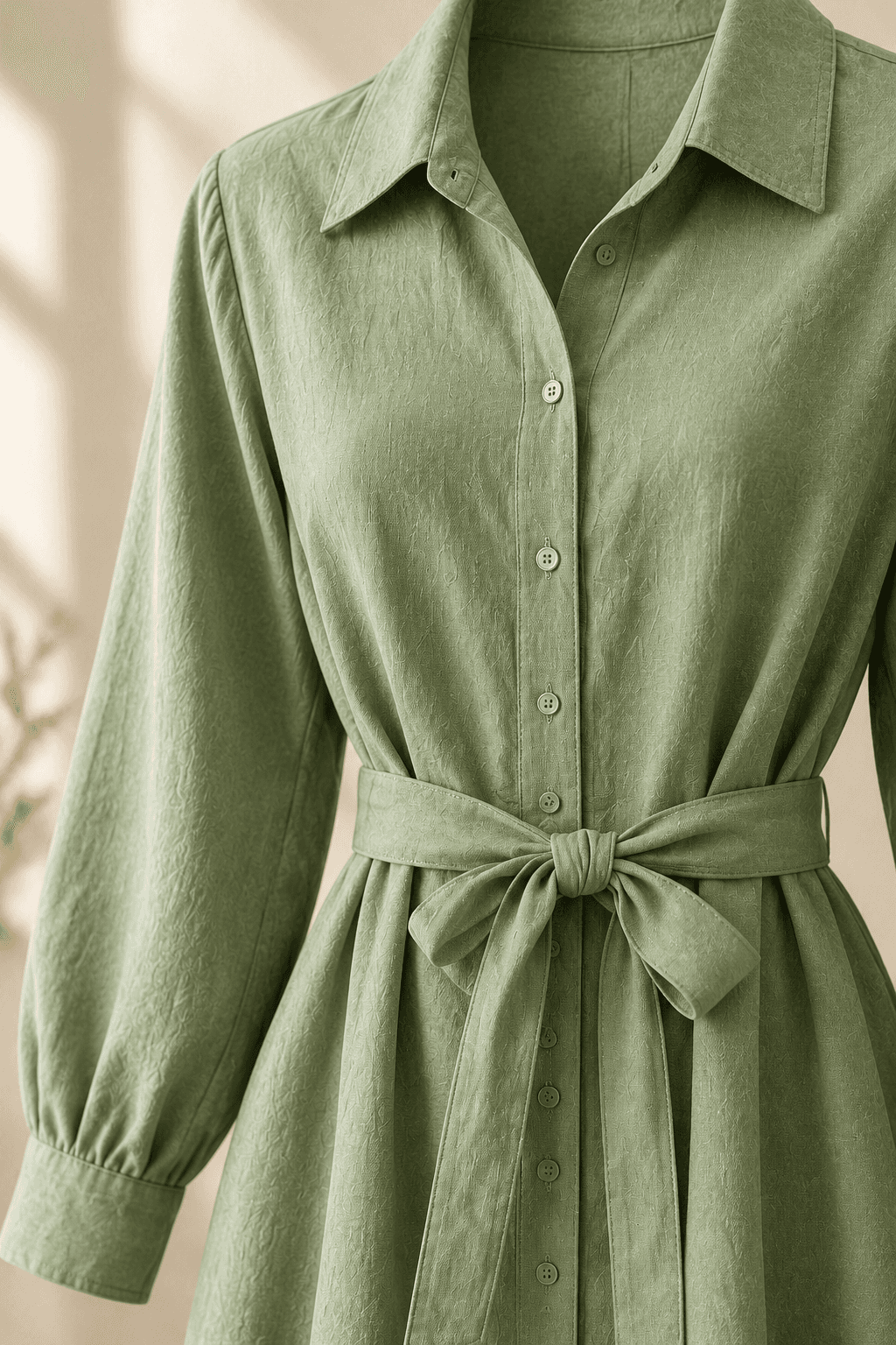 Close-up of the sage dress fabric, buttons, and stitching