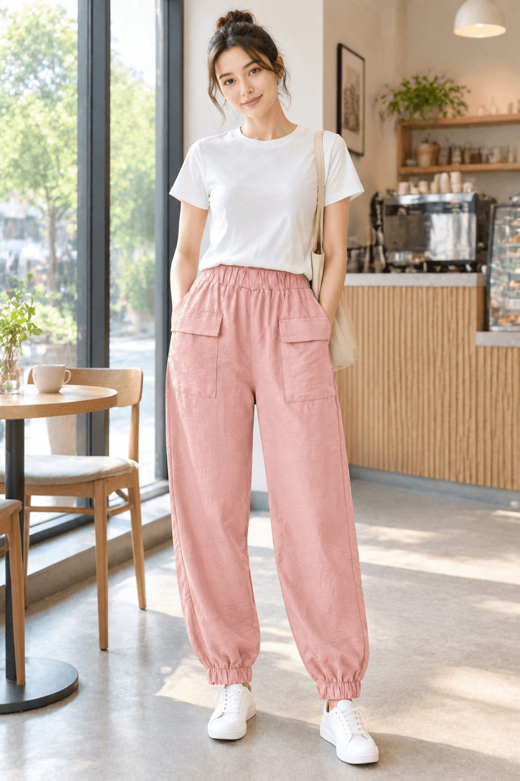 Pink casual trousers · Lifestyle scene