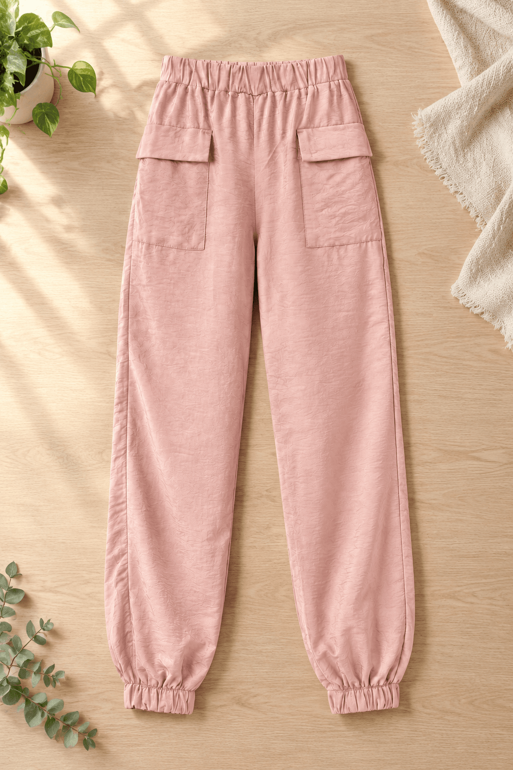 Pink casual trousers · Tabletop scene